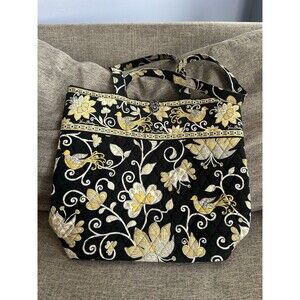Vera Bradley Morgan Pleated Shoulder Bag Tote Black Yellow Bird Retired Pattern